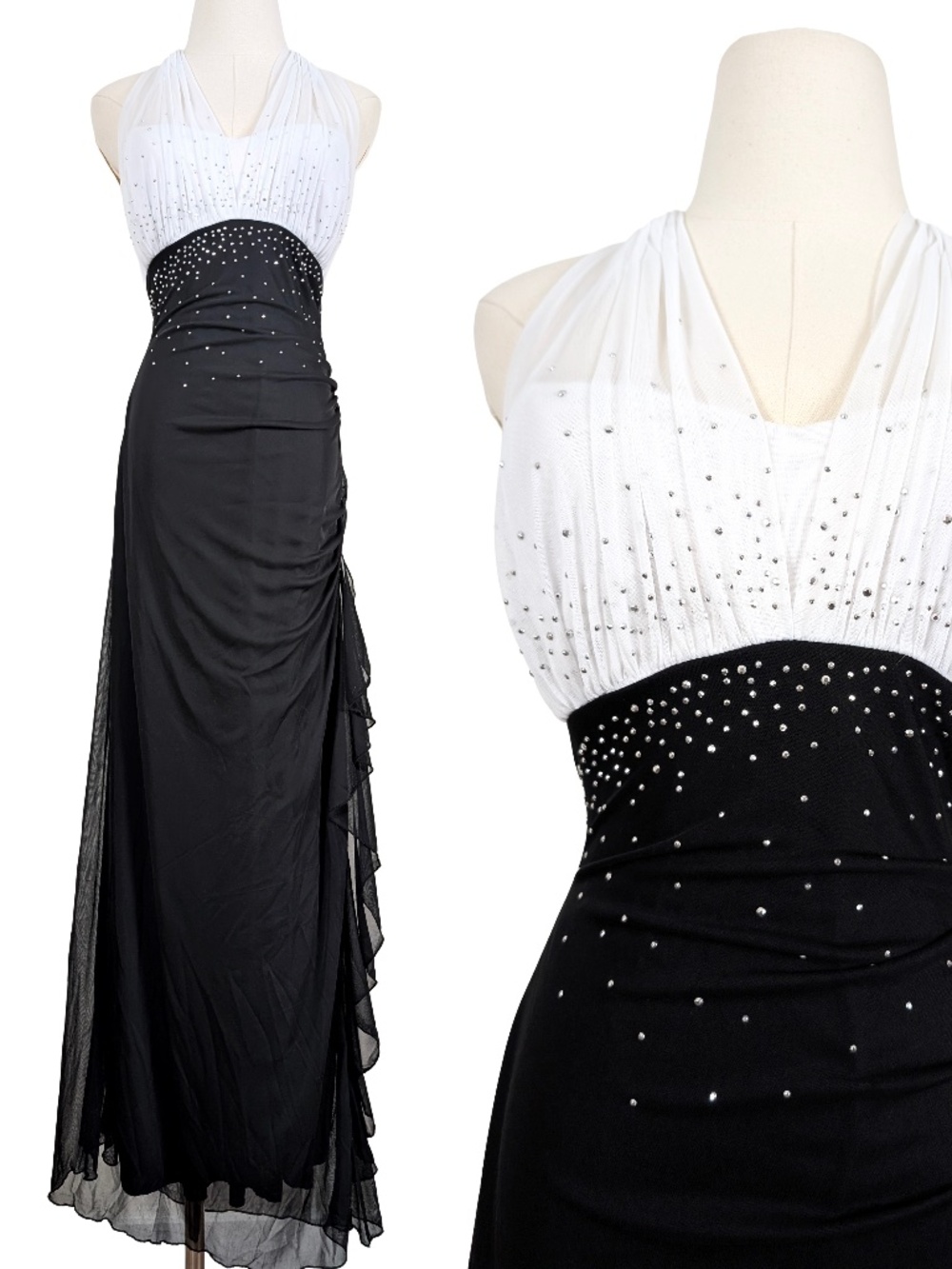 Y2K Halter Maxi Dress Gown Jessica Open Back Formal Size 12 Black White